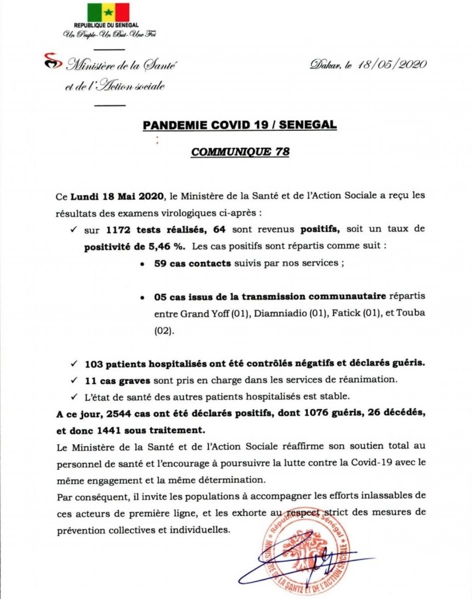 Covid-19 au Sénégal : 64 tests positifs et 11 cas graves en réanimation