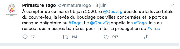 COVID-19 : Fin du couvre-feu au Togo 