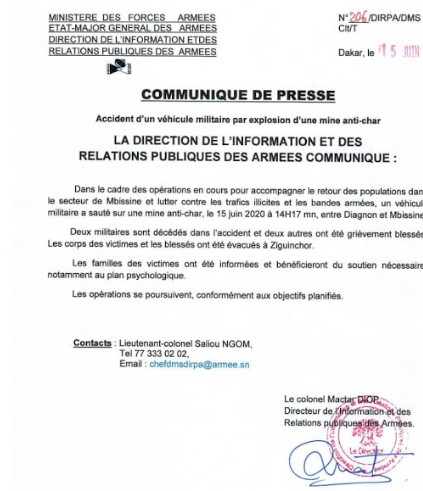 CASAMANCE : UN VÉHICULE DE L’ARMÉE TOMBE SUR UNE MINE À MBISSINE : 2 MORTS