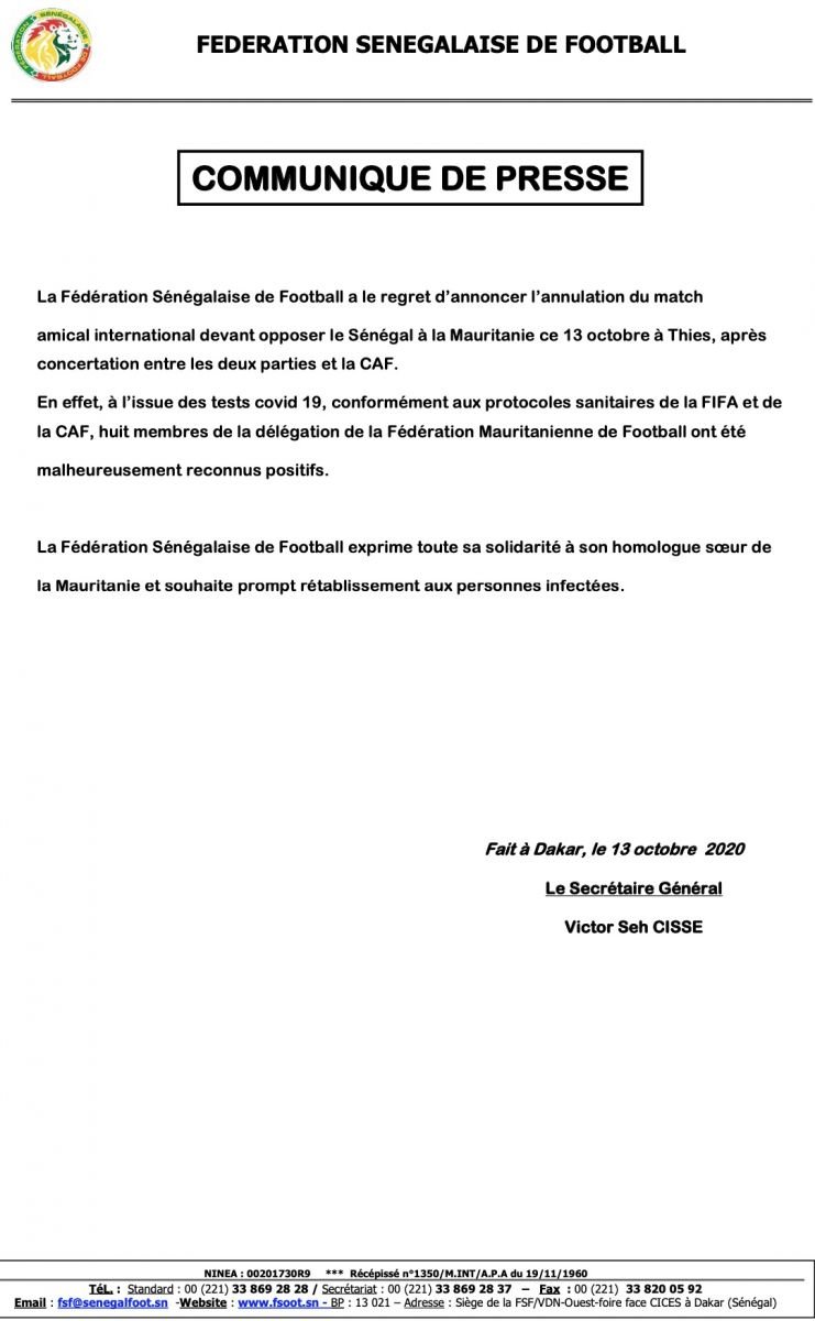 Le match Sénégal-Mauritanie annulé