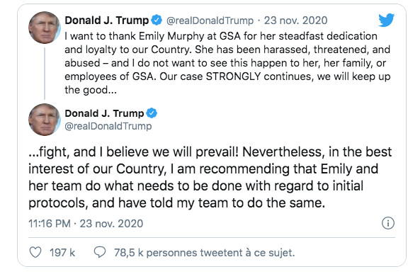 Donald Trump donne son feu vert au processus de transition vers une administration Biden