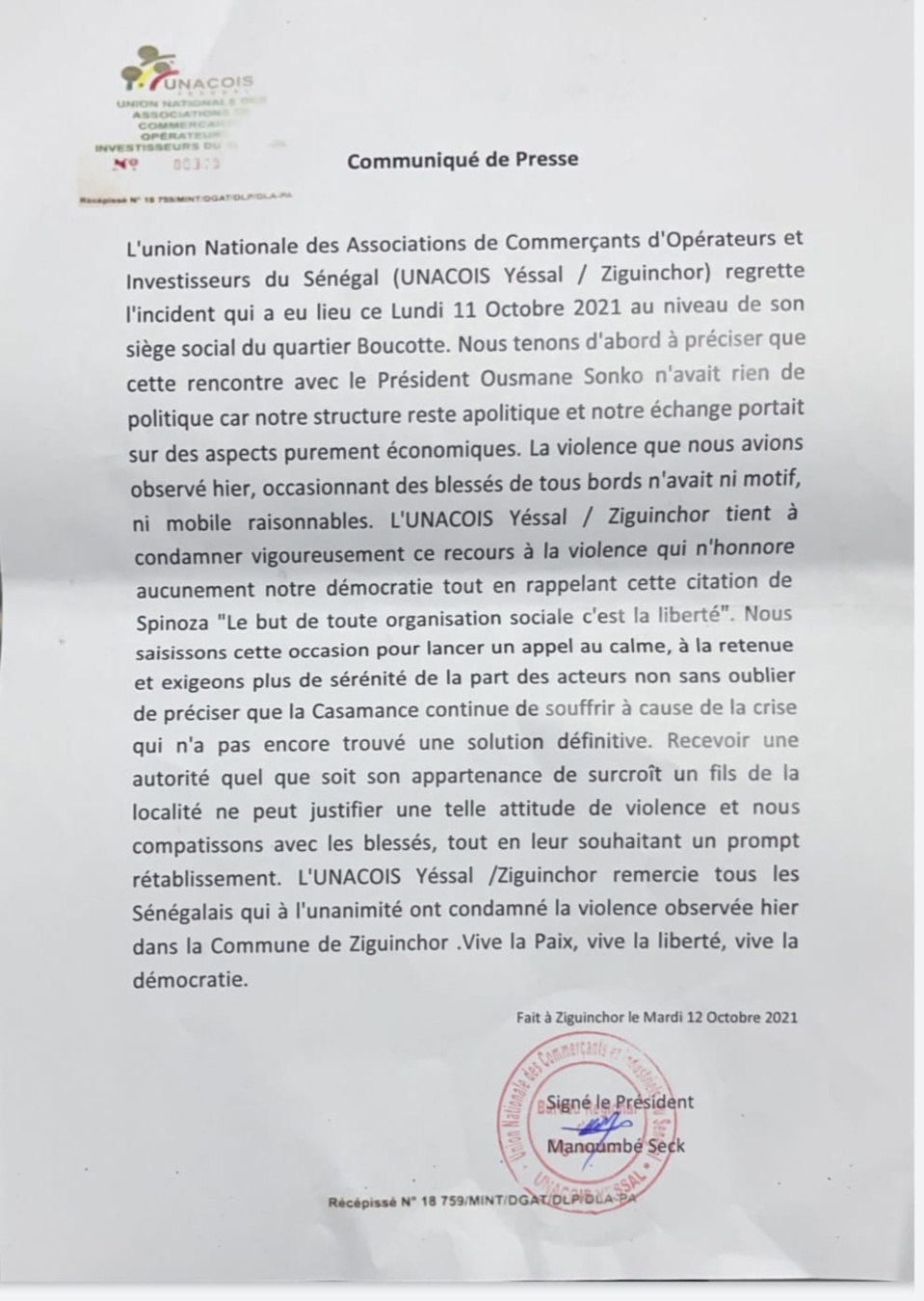 L’Unacois Yessal/Ziguinchor : « Cette rencontre avec le Président Ousmane Sonko n’avait rien de politique… » L’Unacois Yessal/Ziguinchor : « Cette rencontre avec le Président Ousmane Sonko n’avait rien de politique… »