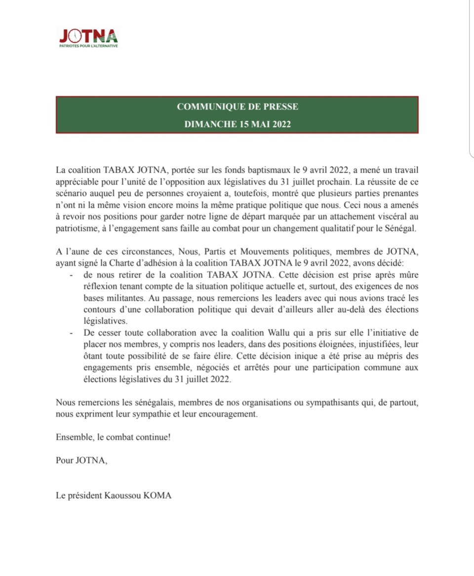 La Coalition JOTNA compte désormais cheminer seule La Coalition JOTNA compte désormais cheminer seule