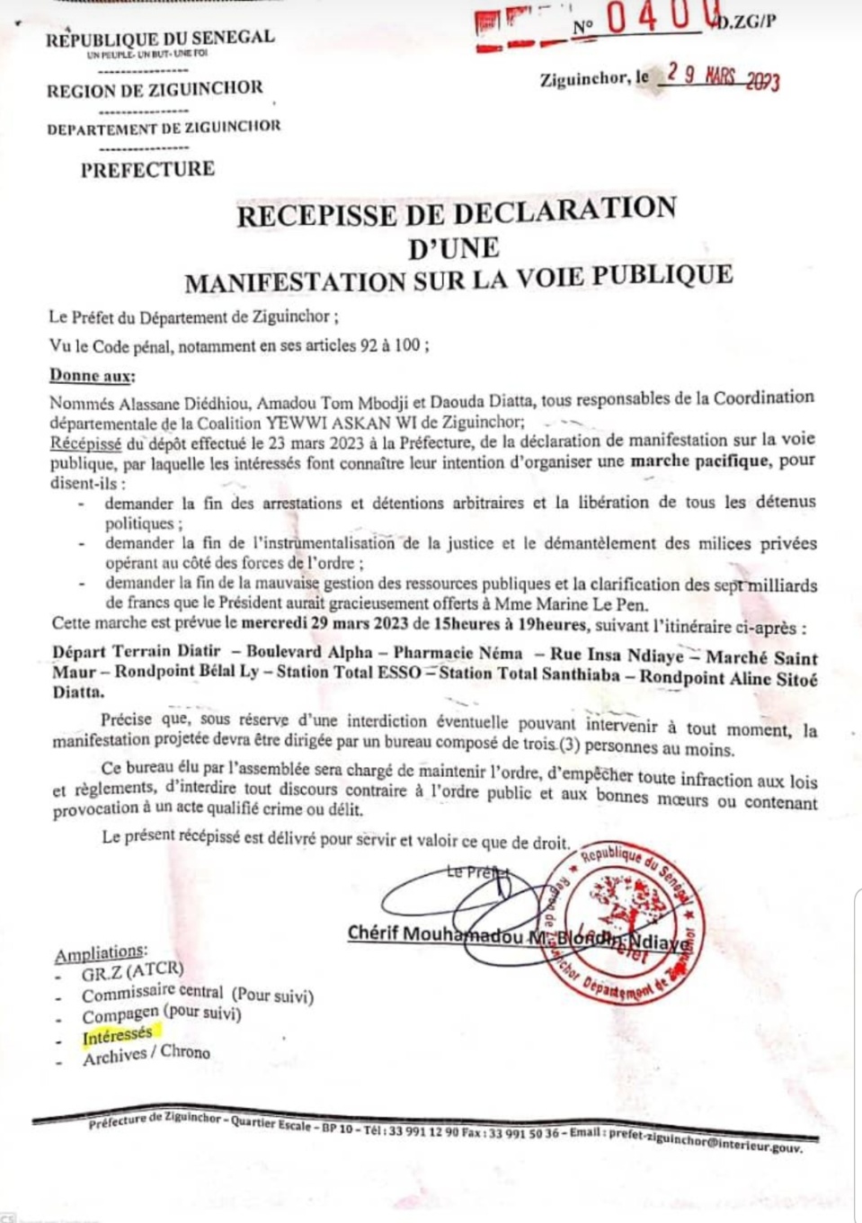 Ziguinchor : le préfet autorise la marche pacifique de l'opposition (Yewwi Askan Wi) Ziguinchor : le préfet autorise la marche pacifique de l'opposition (Yewwi Askan Wi)