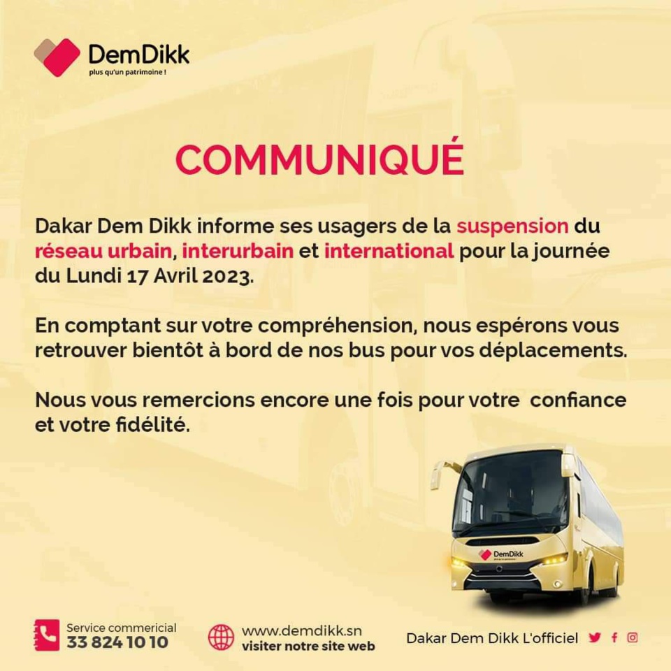 Les bus de Dakar Dem Dikk et les motos ne vont pas circuler ce lundi 17 avril Les bus de Dakar Dem Dikk et les motos ne vont pas circuler ce lundi 17 avril