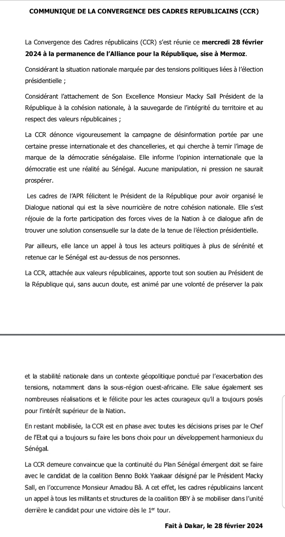 COMMUNIQUE DE LA CONVERGENCE DES CADRES REPUBLICAINS COMMUNIQUE DE LA CONVERGENCE DES CADRES REPUBLICAINS
