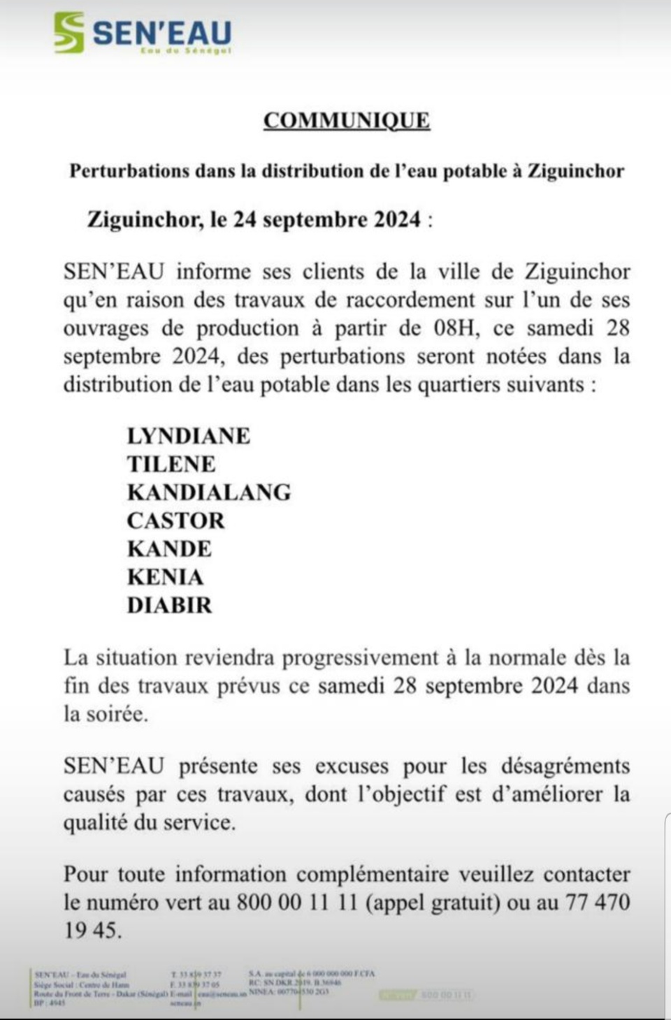 ZIGUINCHOR : TRAVAUX DE SEN'EAU, PERTURBATIONS DANS LA DISTRIBUTION D'EAU CE SAMEDI ZIGUINCHOR : TRAVAUX DE SEN'EAU, PERTURBATIONS DANS LA DISTRIBUTION D'EAU CE SAMEDI
