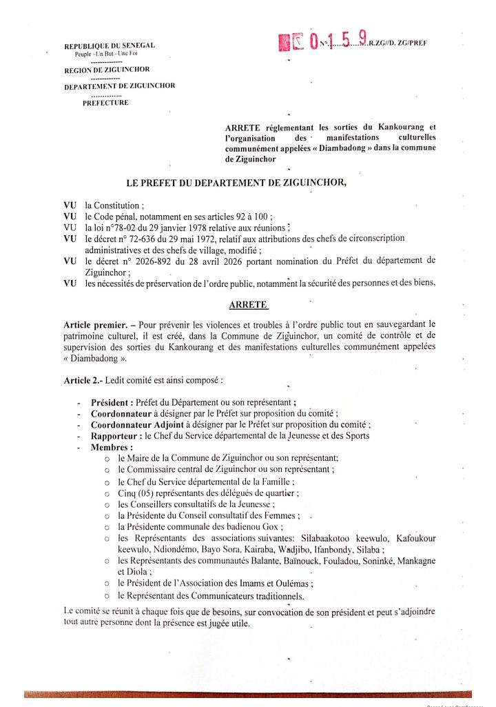 Ziguinchor : Le préfet encadre strictement les sorties du Kankourang et le « Diambadong »