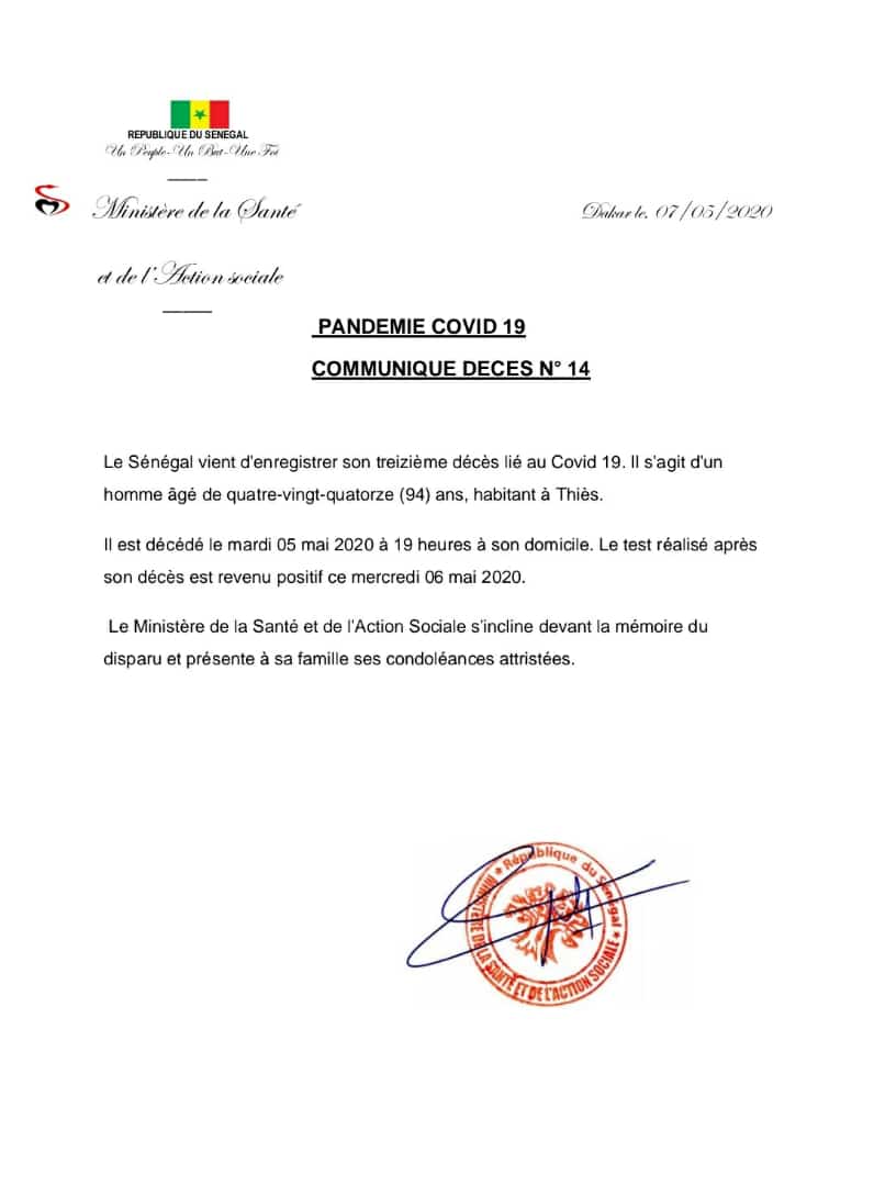 COVID-19 LE SÉNÉGAL ENREGISTRE SON 13ÈME DÉCÈS