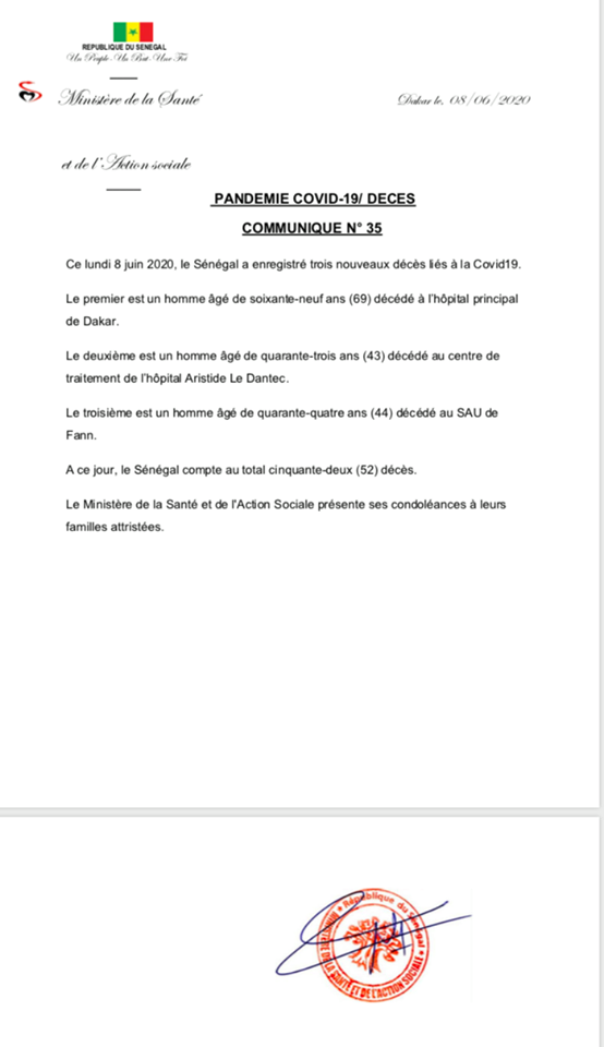COVID-19 : Le Sénégal enregistre trois nouveaux décès.