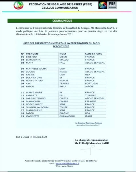 Afrobasket 2021- Présélection: Moustapha Gaye convoque 19 lionnes, Aya Traore de retour !