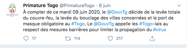 COVID-19 : Fin du couvre-feu au Togo 