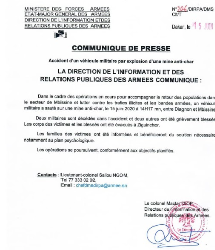 CASAMANCE : UN VÉHICULE DE L’ARMÉE TOMBE SUR UNE MINE À MBISSINE : 2 MORTS