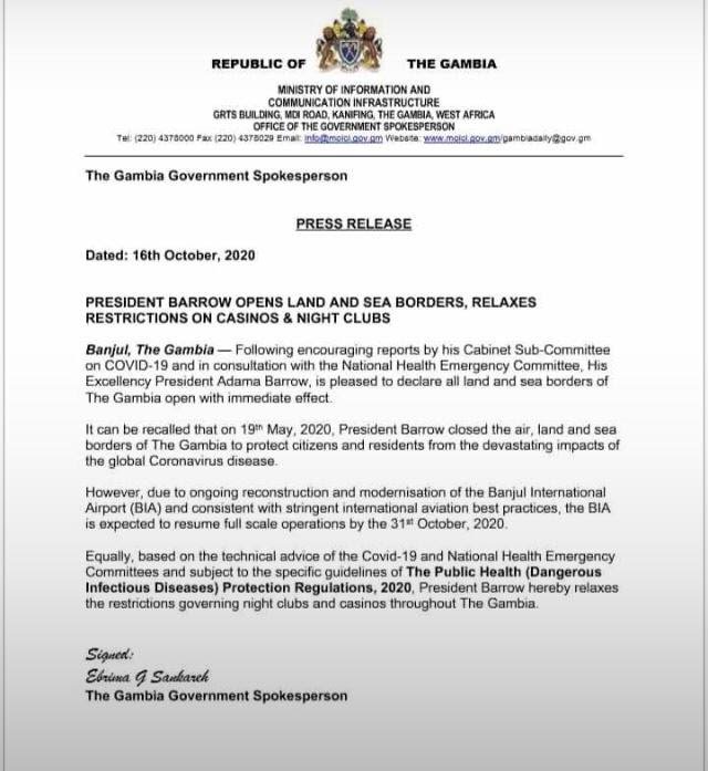 La Gambie rouvre ses frontières avec le Sénégal