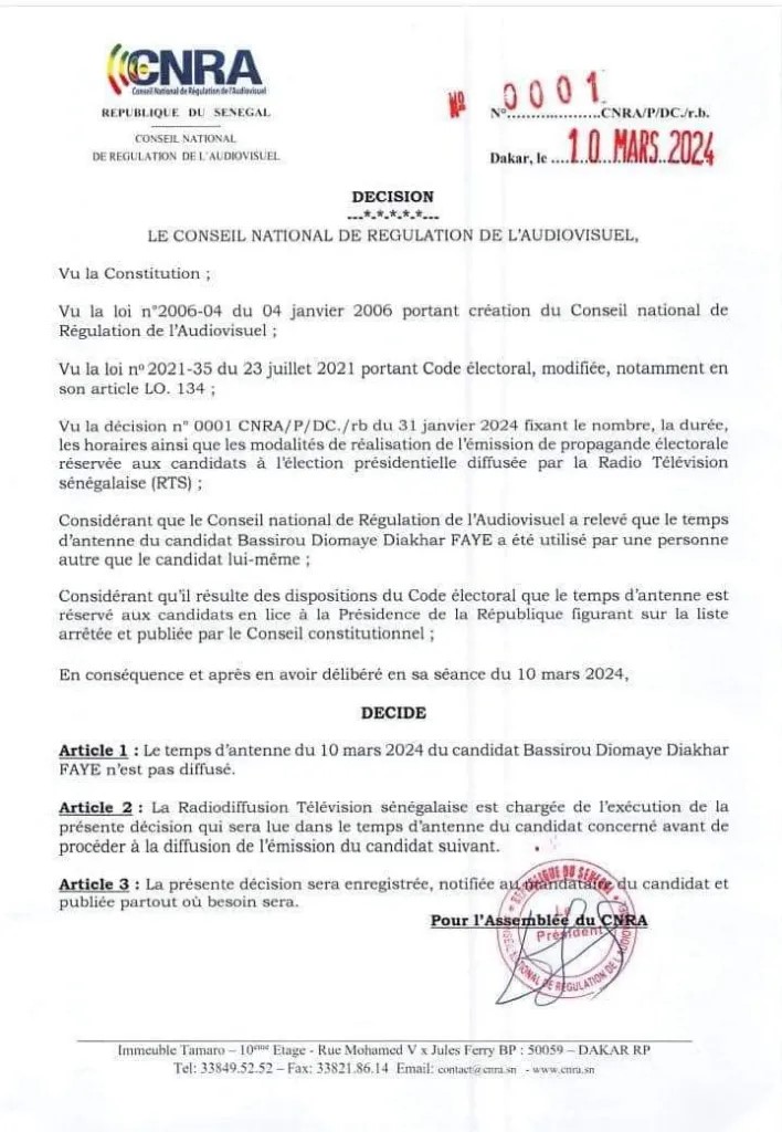 Présidentielle : Le CNRA retire le temps d’antenne de Bassirou Diomaye Diakhar FAYE (Document)