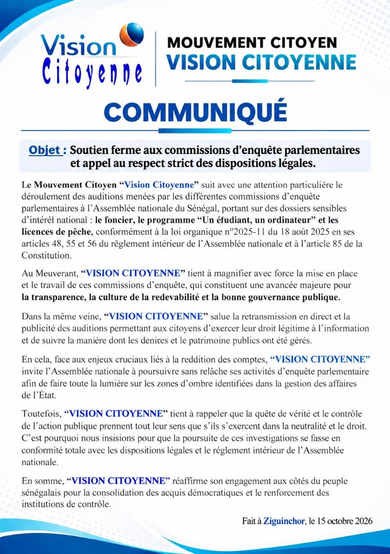 Transparence et Reddevabilité : Le Mouvement « Vision Citoyenne » soutient les commissions d'enquête parlementaires à l'Assemblée nationale