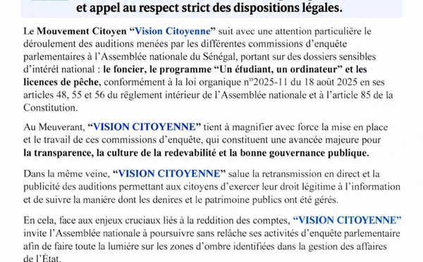 Transparence et Reddevabilité : Le Mouvement « Vision Citoyenne » soutient les commissions d'enquête parlementaires à l'Assemblée nationale